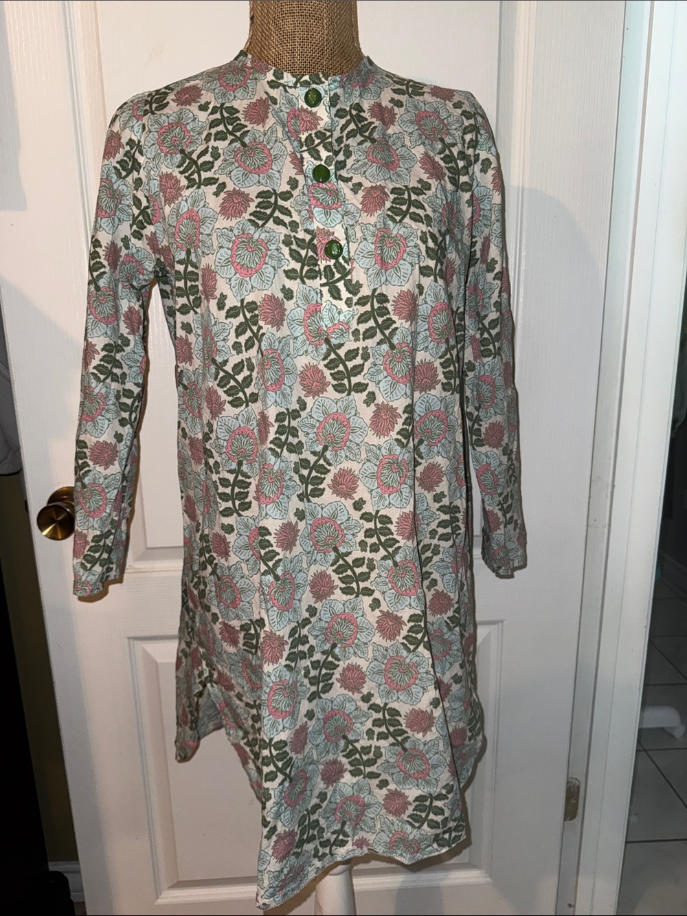 Floral Button-Front Tunic Dress in Sage Green and Dusty Rose